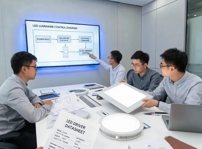 Lighting engineering team reviewing LED component submittals