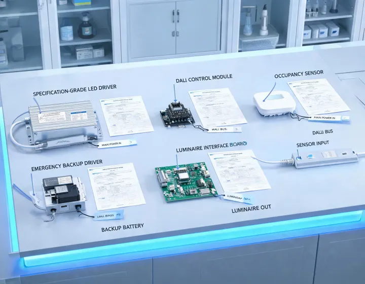 LED driver and lighting control components on engineering bench